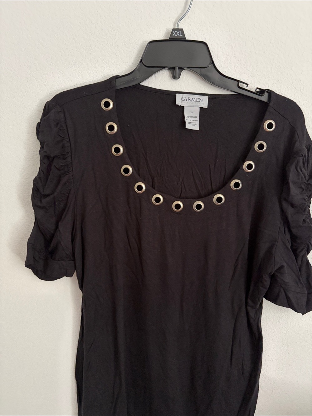 Carmen Scoop Neck Black Short Sleeve Top with Silver Eyelets